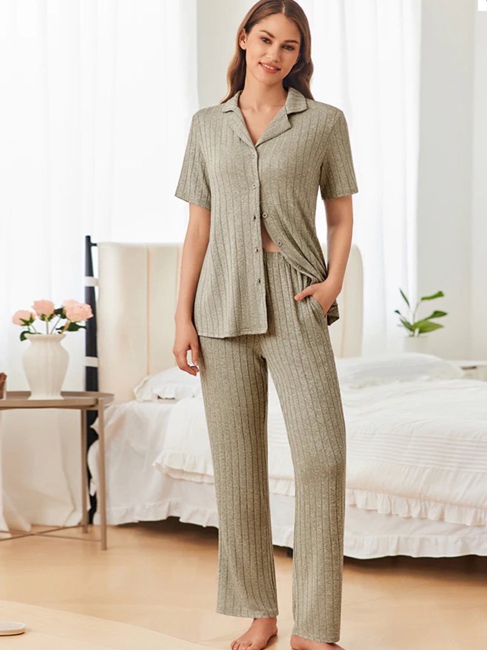 Ekouaer Casual Stretch Rib Knit Pajama Set